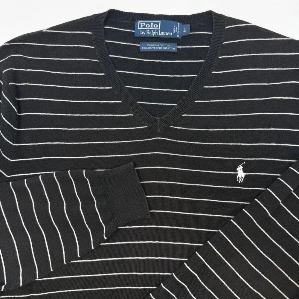 Polo Ralph Lauren Mens Large Pima‎ Cotton V-Neck Striped Sweater Black White